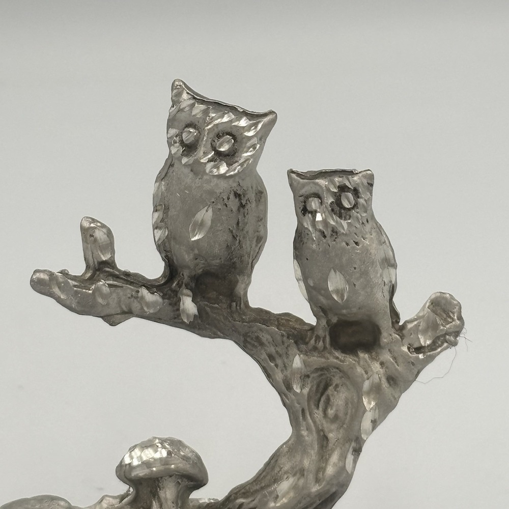 Vintage Pewter Owls On Branch with Mushrooms Figure on Purple Agate - Picture 4 of 16